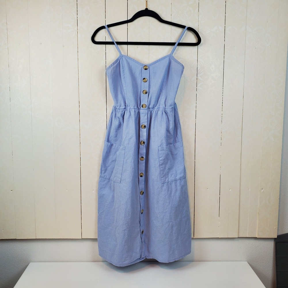 Medium Blue Smocked Back Side Pockets Button Midi Sun Dress Womens